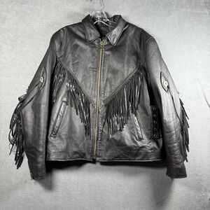 Vintage Fringe Leather Jacket XL Black Western Biker Motorcycle Concho